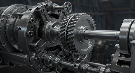 Fototapeta premium Close-up of a complex industrial machinery gear assembly in metallic sheen.