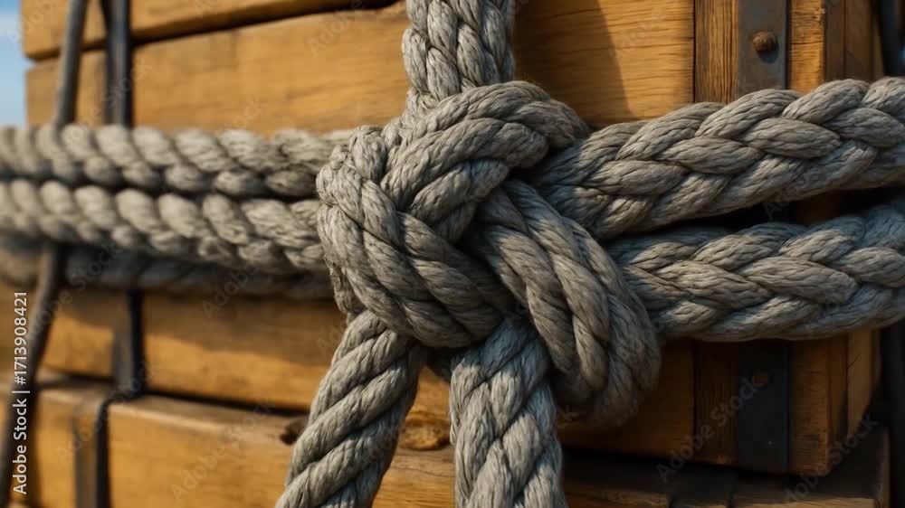 Poster import rate concept. close-up of a rope knot securing wooden crates on a ship.
