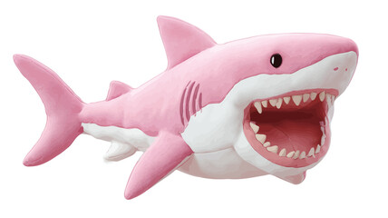 Close-up studio shot of a pink plush toy shaped like a great white shark. The shark is predominantly pink with white underbelly and mouth detailing.  The mouth is open, revealing rows of white