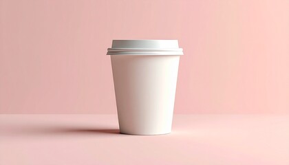 Minimalist white disposable coffee cup with a secure lid standing upright on a soft pastel pink background, ready for custom branding or a refreshing drink