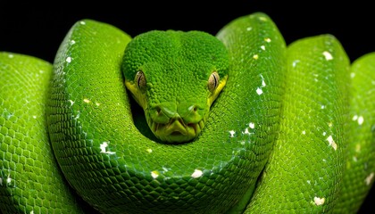 Close-up of a vibrant green snake coiled (1)