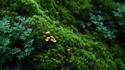 Lush emerald moss cradles golden mushrooms, nature's quiet symphony, celebrating World Fungus Day and International Moss Appreciation Week