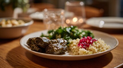 Glistening dolmas nestle beside vibrant tabbouleh at an intimate dinner, celebrating Nowruz and the art of Levantine cuisine