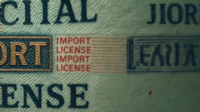 import rate concept. Official import license document detail in focus.