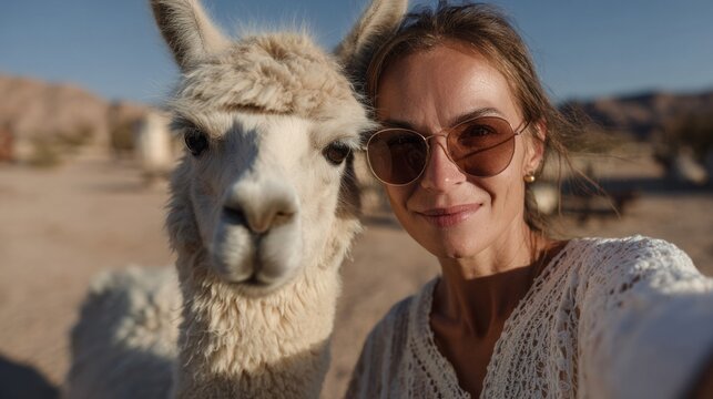 Sunlit wanderlust meets fluffy charm as a Caucasian woman joyfully snaps a selfie with a curious alpaca; World Llama Day vibes