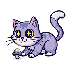 Whimsical Feline and Mushroom: A playful cat with radiant eyes interacts with a mushroom, creating a surreal and enchanting scene that sparks curiosity and invites a sense of wonder.