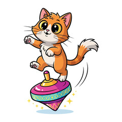 Whimsical Playtime: A cheerful illustration of a ginger kitten joyfully balancing on a spinning top. Capturing innocence and joy.