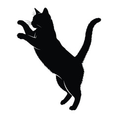Black Cat Silhouette in Action: A sleek black cat in mid-leap, capturing dynamic energy and elegance, presented in a minimalist silhouette style. 