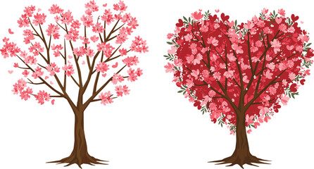 Obraz premium Heart-shaped blossom tree, romantic floral tree, pink and red petals, seasonal foliage, stylized vector, spring bloom, Valentine theme, nature illustration