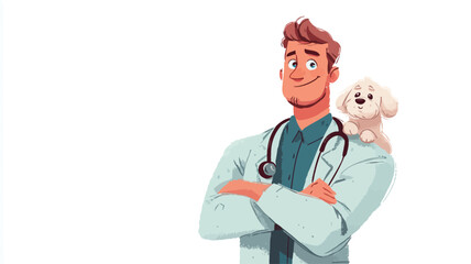 A digital illustration depicting a cartoon-style male veterinarian with a small white dog perched on his shoulder. The veterinarian is depicted with arms crossed, smiling