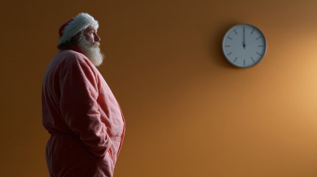 Lonely Santa figure gazes pensively at a fading clock, encapsulating Festivus reverie and Yule solitude in a crimson aura
