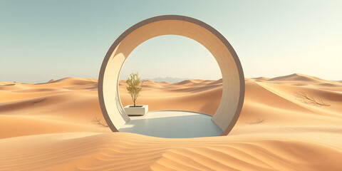 Floating circular frame reveals modern interior in the middle of the desert, top-down desert texture. Illustration