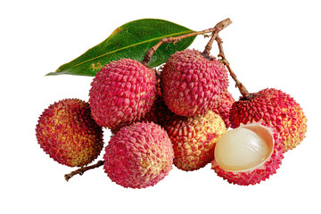 Close-up of a cluster of lychees, some whole and some halved, displaying their pale yellow flesh and reddish-pink skin.  Green leaves and stems are attached