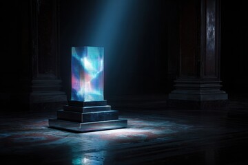Mysterious Glowing Cube on Pedestal in Dark, Ancient Hall with Dramatic Lighting.