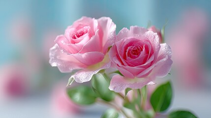 Delicate Pink Roses Closeup with Water Droplets in Cinematic HDR Macro Photography on a Soft Blue Background