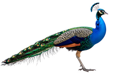 Fototapeta premium High-resolution photograph of a Pavo meticas, or Green Peafowl isolated on solid white background