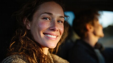 Fototapeta premium ``` Sunset road trip smiles, journey of joy, Caucasian woman and friend, wanderlust dreams, International Friendship Day vibes```