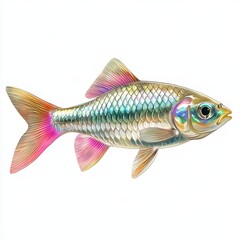 A rainbow fish with iridescent scales and elegant posture, diagonal angle, fish isolated on white background color, photorealistic accuracy, good composition, high resolution