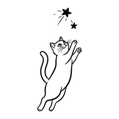 Whimsical Cat Chasing Star: A playful illustration capturing a delightful moment as a cheerful cat reaches up to playfully interact with a celestial star, brimming with charm and imagination.