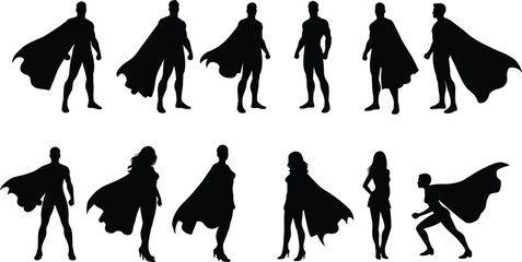 Superhero Silhouettes Set, Male and Female Heroes, Cape Flying, Action Poses, Vector Black Outlines, Comic Style, Heroic Figures, Superpower Concept, Dynamic Stance, Isolated on White © Nupoor's World
