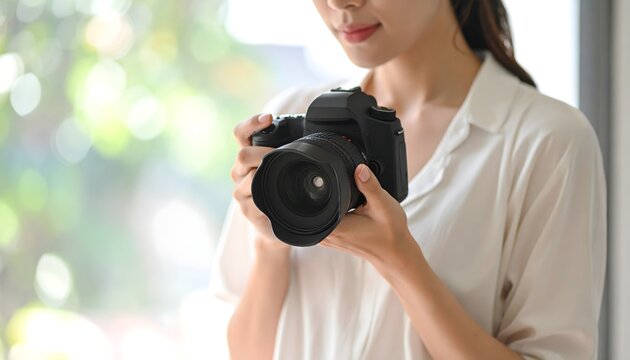 Asian Female Photographer Outdoors holding DSLR camera - Powered by Adobe