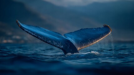 Fototapeta premium Whale fluke diving into ocean water at sunset