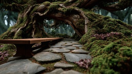Forest path with bench under ancient mossy tree arch