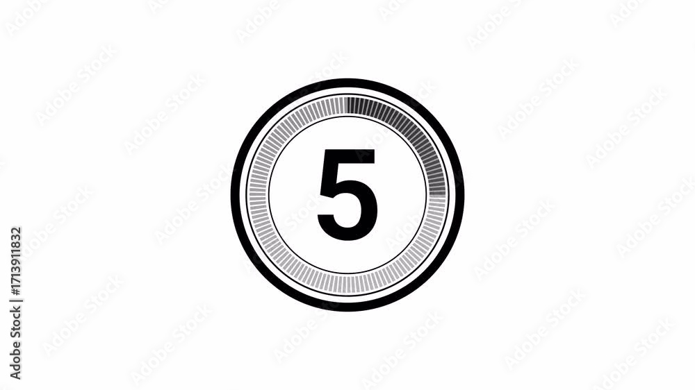 Poster 05 second countdown timer animation with number text from 5 to 1. technology interference circle cou