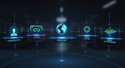 Modern user interface with holographic icons for communication settings world map tools and media entertainment