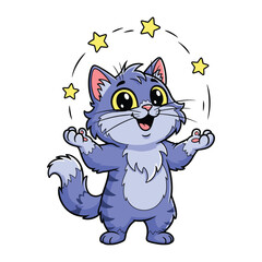 Whimsical feline dreams: A cheerful cartoon cat playfully juggles twinkling stars. A delightful illustration capturing the magic and fun of childhood imaginations and the joy of pure playfulness.