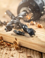 Close-up of drill bits in wood