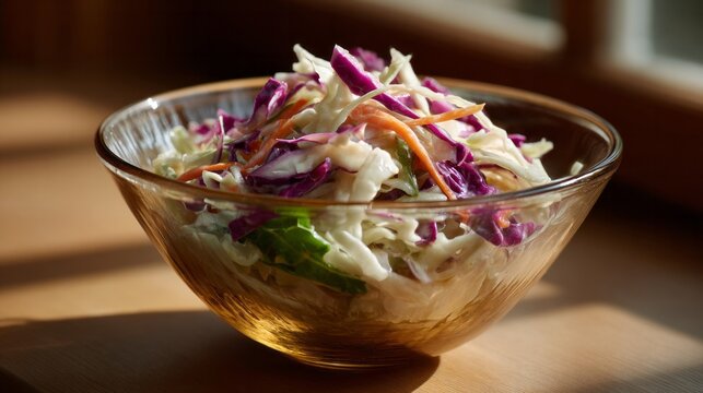 <blockquote>Vibrant coleslaw symphony in glass dish, embodying Vegan Month serenity and local Farm-to-Table harvest pride</blockquote>