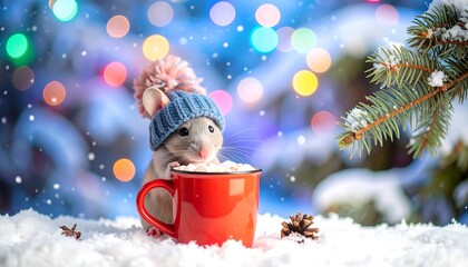 Cute mouse in a hat with hot cocoa in snow