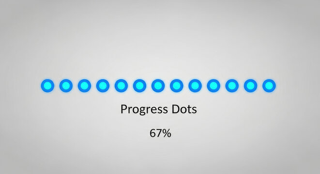 User interface loading bar with luminous blue dots showing progress at 67 percent