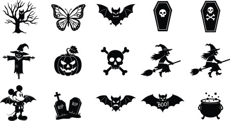 Naklejka premium Halloween Icons, Spooky Symbols, Black Silhouettes, Witch, Bat, Pumpkin, Coffin, Ghost, Scarecrow, Fun Seasonal Design - Cad Drawing Flat Vector Illustration