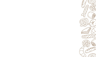 bakery themed background with blank space. Brown hand drawn line illustration on white background.