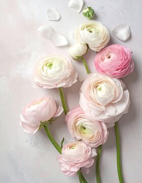 Fototapeta Delicate ranunculus blossoms in soft pinks and whites, arranged artfully on a textured light gray surface, evoking a serene and romantic mood.