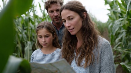 Fototapeta premium A Caucasian family navigates an enigmatic corn maze, evoking the thrill of Samhain mysteries and National Puzzle Day