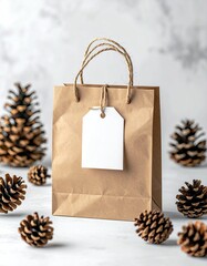 Fototapeta premium Rustic brown paper gift bag with blank white tag surrounded by natural pine cones