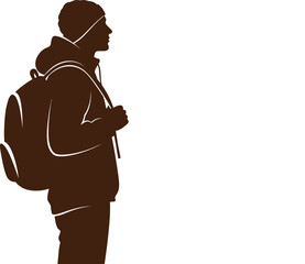 Silhouette of a young man holding a microphone with a group of people