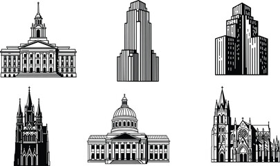 Collection of famous architectural landmarks in vector, historical buildings, cathedrals, skyscrapers, CAD drawing, flat style vector illustration