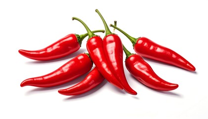 A cluster of vibrant red chili peppers, showcasing their glossy texture and pointed shapes, is presented against a plain white background.