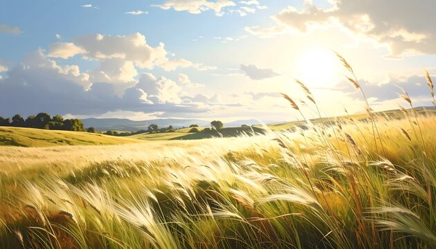 Golden field of wheat swaying in sunlit breeze under a bright sky, serene summer landscape