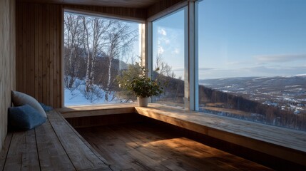Fototapeta premium Cozy wooden nook with panoramic alpine views, inviting winter solstice meditation and hygge-inspired tranquility, Scandi tranquility envelops