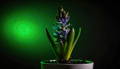 Close-up of a vibrant hyacinth in a pot, bathed in green light