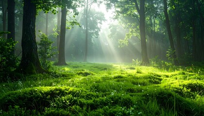 Fototapeta premium Sunbeams illuminating misty green forest with vibrant mossy ground and dappled light