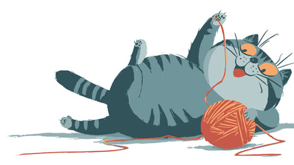 A digital illustration of a large, grey tabby cat playfully interacting with a ball of orange yarn. The cat is depicted in a cartoon style, with exaggerated features.  It is lying on its side, one