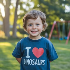 Happy Toddler in I Love Dinosaurs T-Shirt at Park Playground Cute Childhood Joy