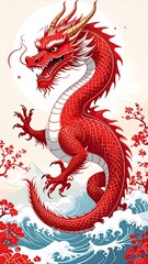 Obraz premium Fierce red dragon soaring over stylized water and mountains