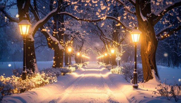 Snowy Winter Pathway Illuminated by Warm Lights